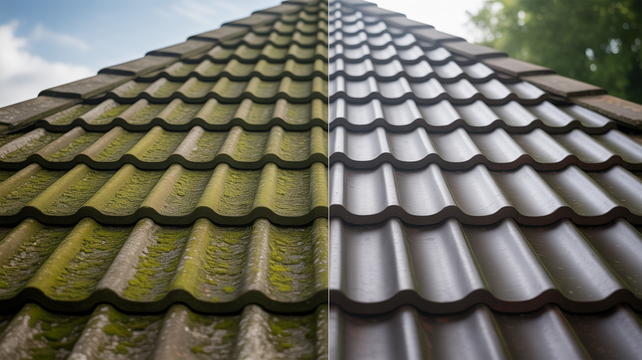 Before and after roof moss removal transformation using compressed air